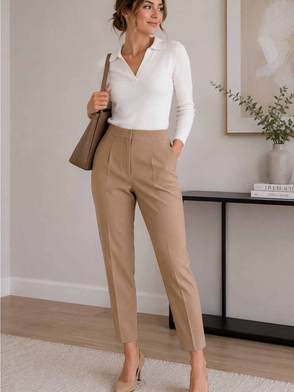 Zara High Rise Tapered Trousers Small Beige Ankle Pants Workwear